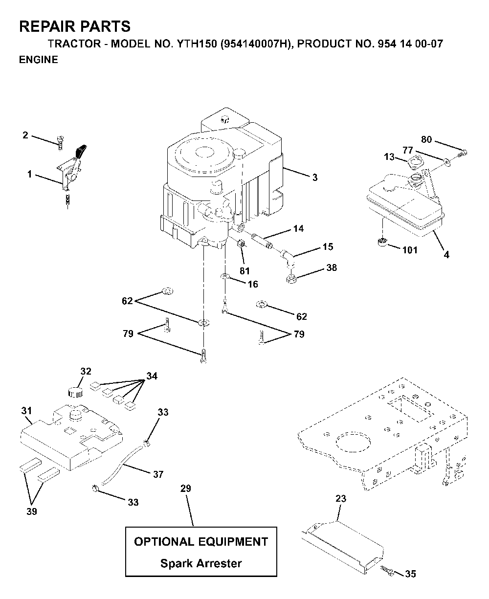Engine Diagram and Parts List for YTH150 (954140007H, 954140007)(1998-09) Husqvarna Lawn Tractor