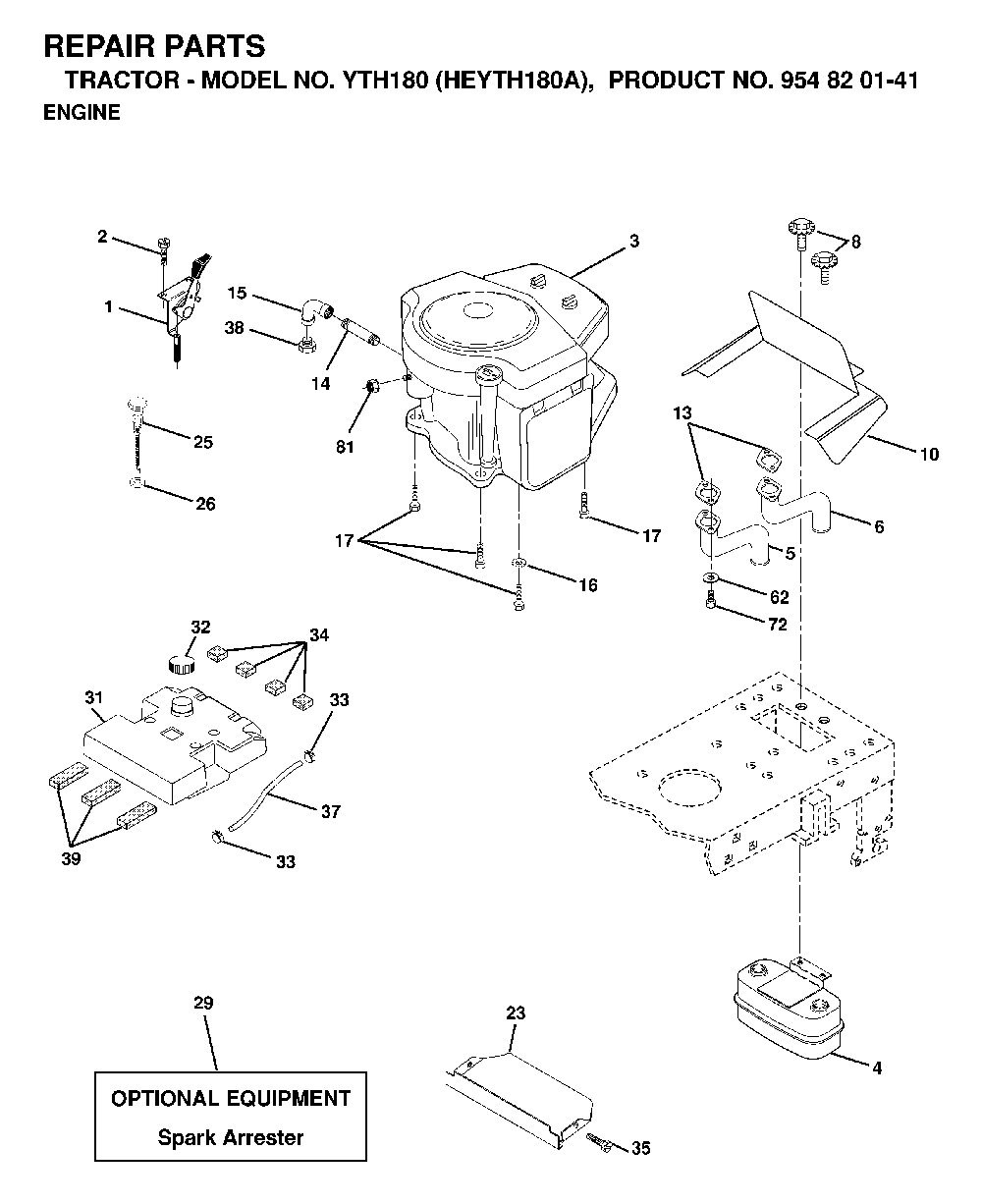 Engine And Cutting Equipment Diagram and Parts List for YTH180 (HEYTH180A, 954820141)(1998-12) Husqvarna Lawn Tractor