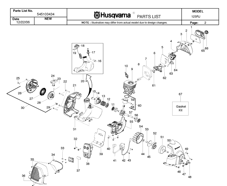 Engine Diagram and Parts List for 125RJ 20071300001-20082200000 Husqvarna Brush Cutter