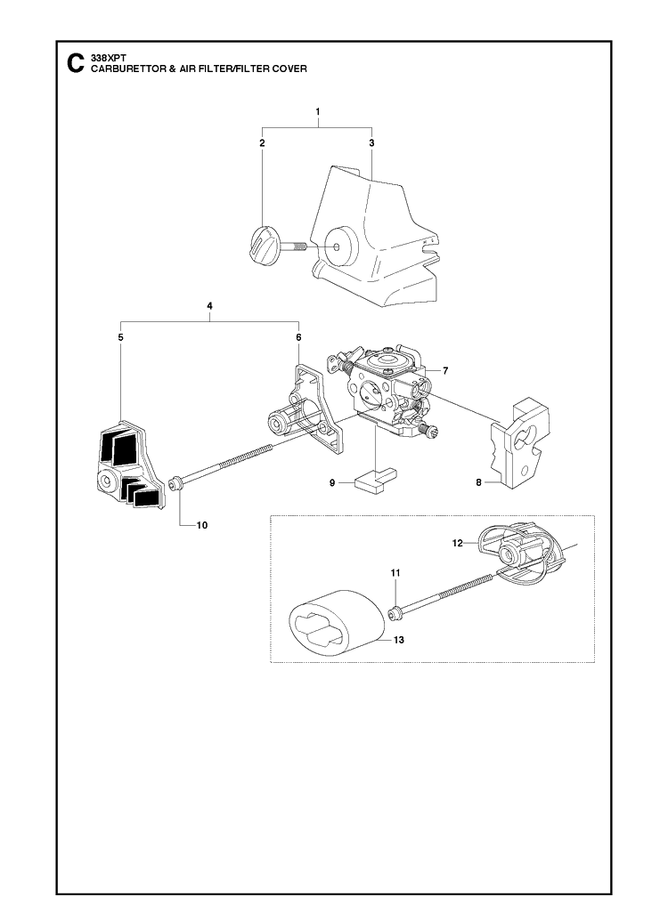 Carburetor And Air Filter Diagram and Parts List for 338XPT 20100600001-Current Husqvarna Chainsaw