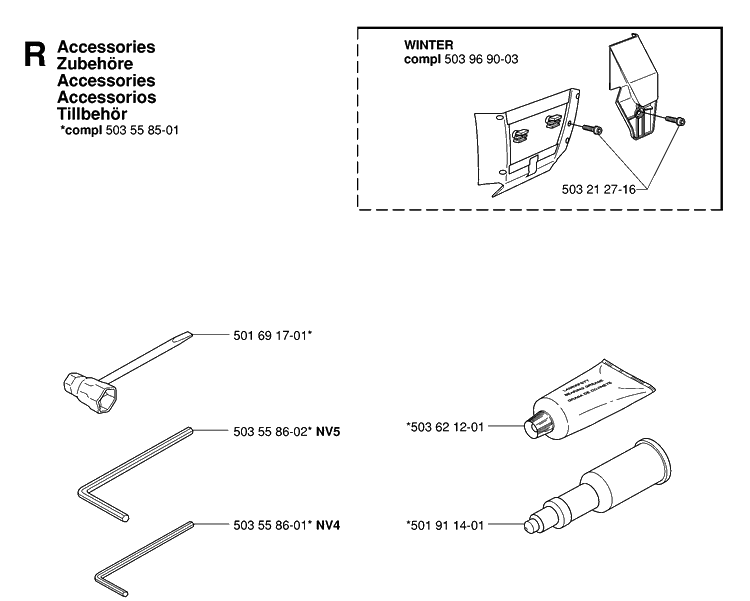 Accessories Diagram and Parts List for 362XP 20070100001-Current Husqvarna Chainsaw