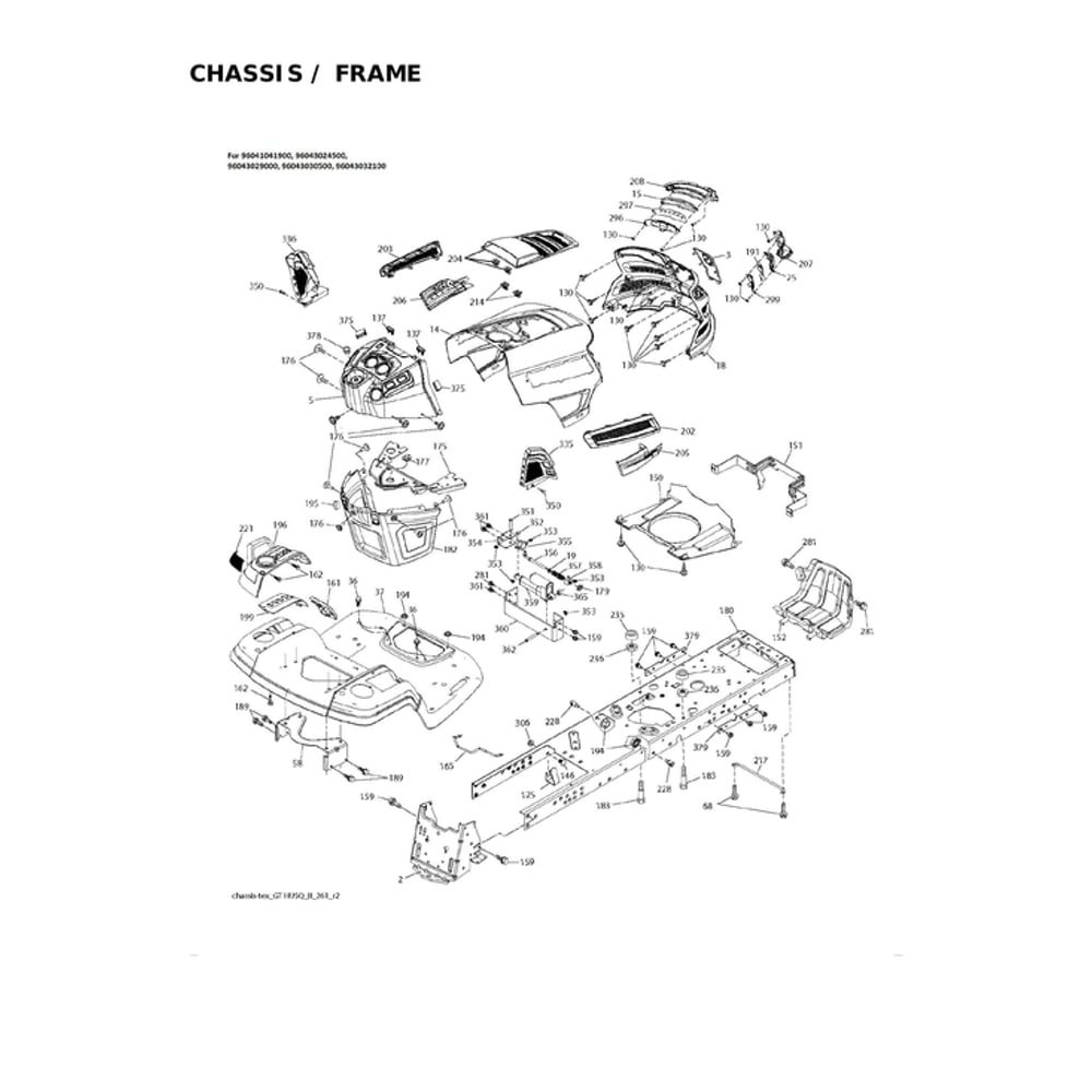 Chassis/Frame Diagram and Parts List for 96043032100  Husqvarna Lawn Tractor