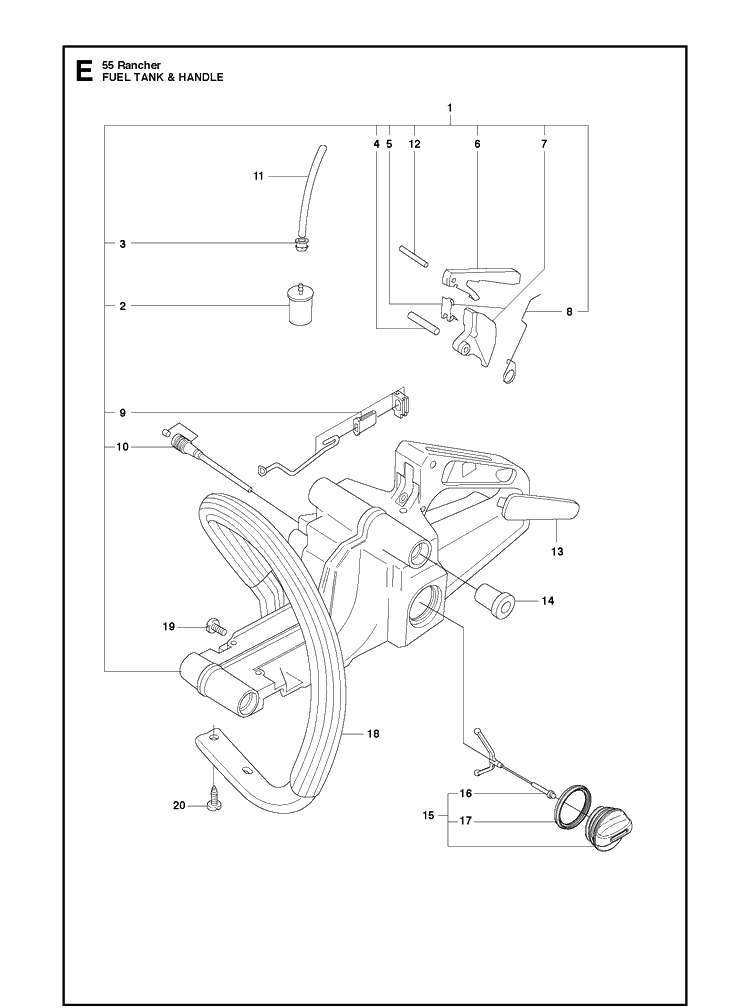 Fuel Tank And Handle Diagram and Parts List for 55 (RANCHER)(20101400001-Current) Husqvarna Chainsaw