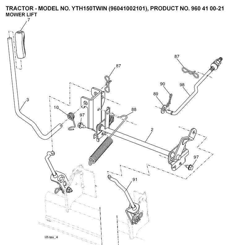 Mower Lift / Deck Lift Diagram and Parts List for YTH150 (96041002101)(2008-01) Husqvarna Lawn Tractor