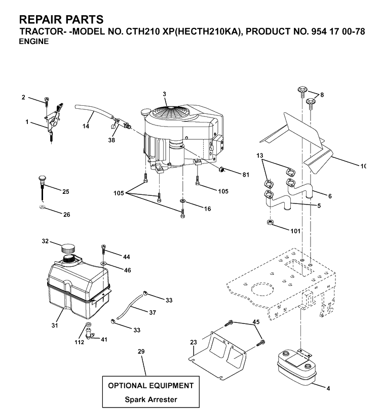Engine And Cutting Equipment Diagram and Parts List for CTH210XP (HECTH210KA)(2003-01) Husqvarna Lawn Tractor