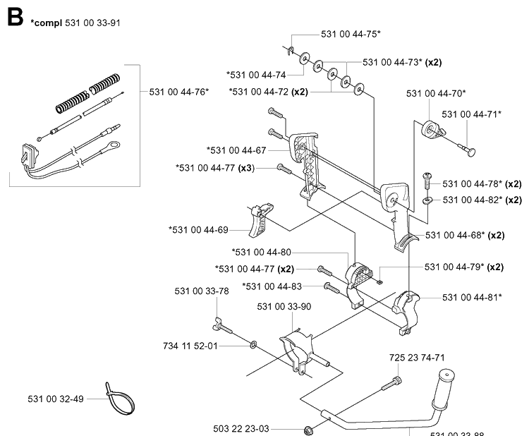 Handle And Controls Diagram and Parts List for 141B 20041400001-Current Husqvarna Leaf Blower / Vacuum