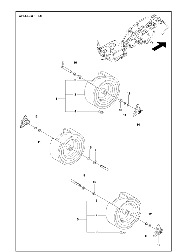Wheels And Tires Diagram and Parts List for R112C5 (967178502)(2021-01) Husqvarna Lawn Mower