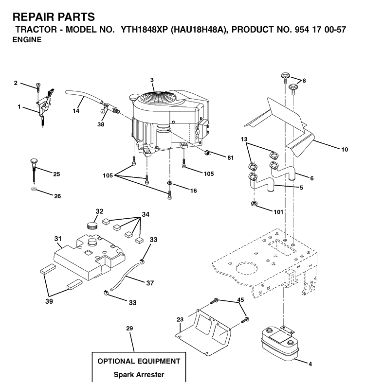 Engine Diagram and Parts List for YTH1848XP (HAU18H48A)(2003-01) Husqvarna Lawn Tractor