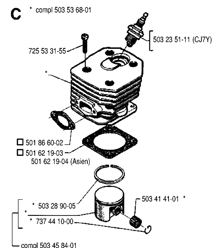 Cylinder Piston Diagram and Parts List for 242 19900100001-19941400000 Husqvarna Chainsaw