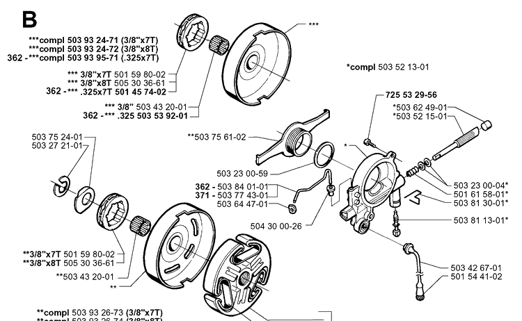 Clutch And Oil Pump Diagram and Parts List for 371XP 19991800001-Current Husqvarna Chainsaw