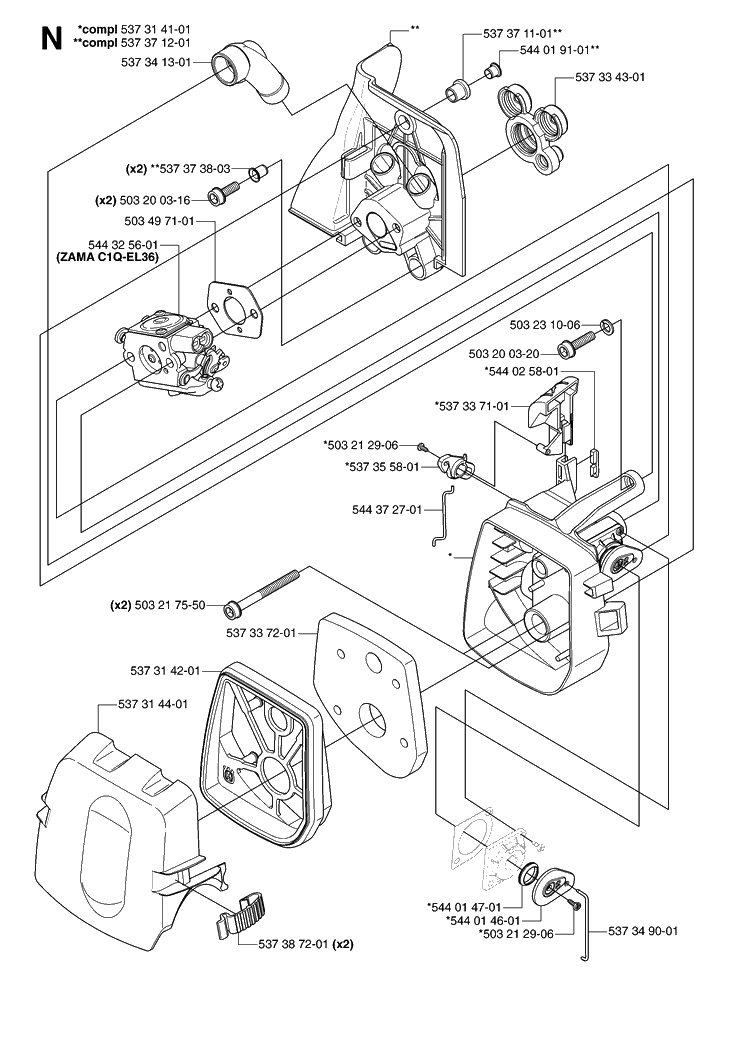 Carburetor And Air Filter Diagram and Parts List for 335LS 20070100001-Current Husqvarna Edger