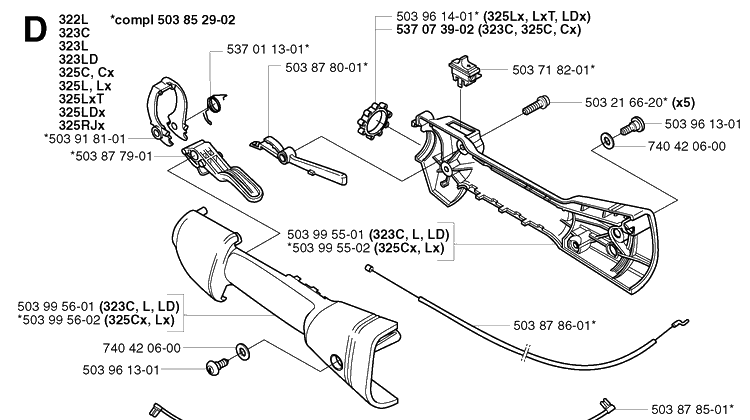 Throttle Controls Diagram and Parts List for 325RDX 20020100001-20051800000 Husqvarna Brush Cutter