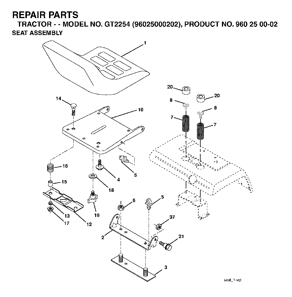 Seat Diagram and Parts List for GT2254 (96025000202)(2005-06) Husqvarna Lawn Tractor
