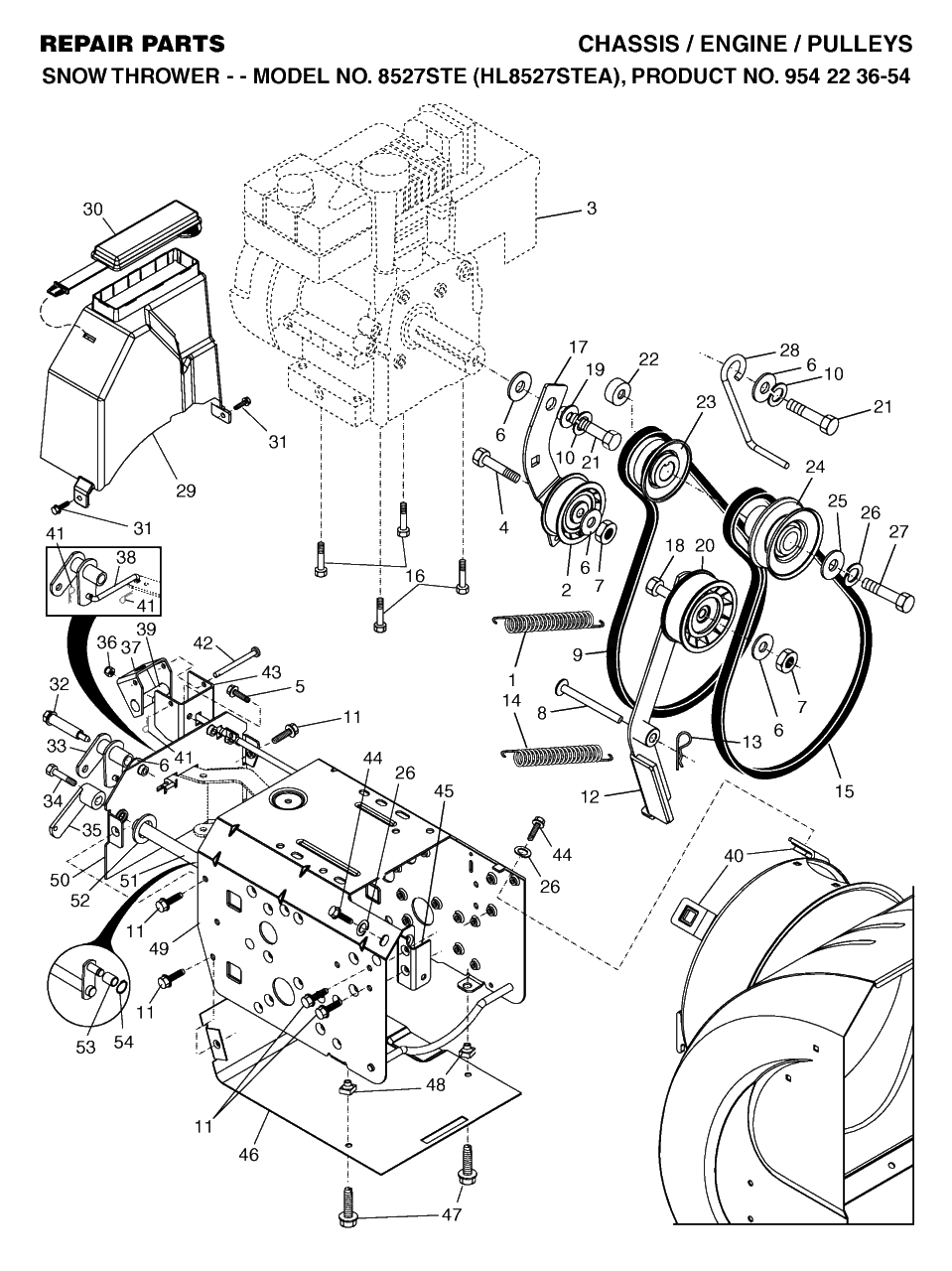 Chassis, Engine And Pulleys Diagram and Parts List for 8527STE (954223654-A)(2004-03) Husqvarna Snow Blower