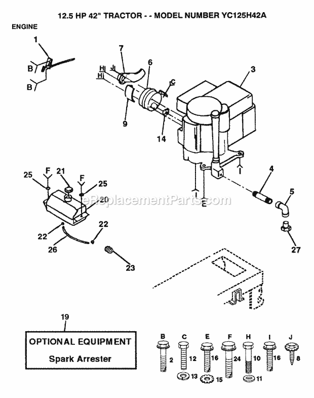 Engine Diagram and Parts List for YC125H42A 1993 Husqvarna Lawn Tractor