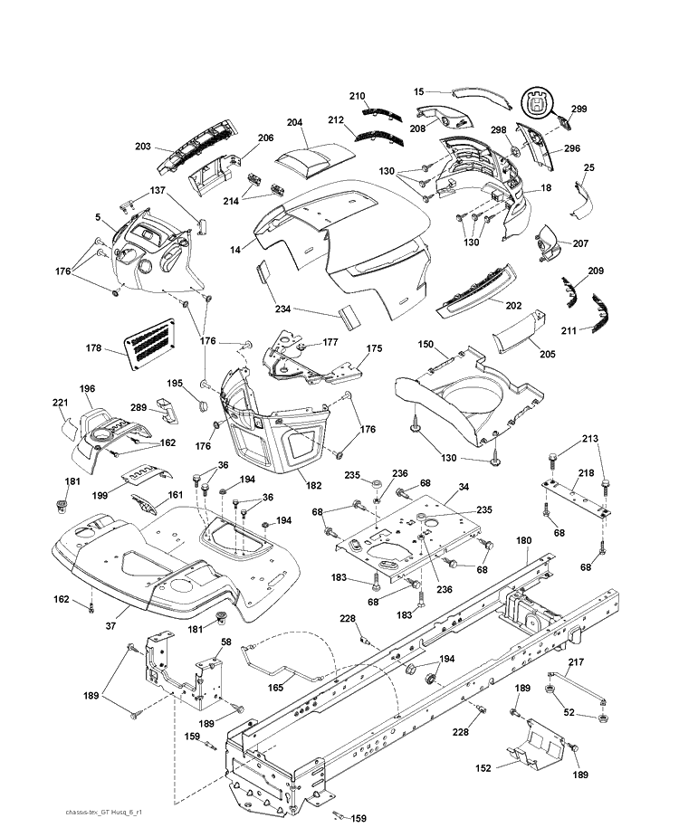 Chassis And Enclosures Diagram and Parts List for YTH150 (96041002202)(2008-01) Husqvarna Lawn Tractor