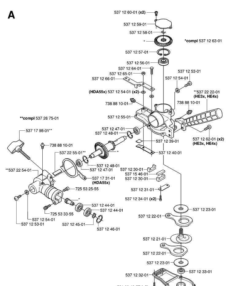 Gear Housing Diagram and Parts List for HA110 20040100001-20054000000 Husqvarna Hedge Trimmer