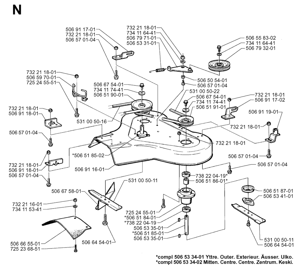 85cm Cutting Deck Diagram and Parts List for R850 1998-03 Husqvarna Lawn Tractor