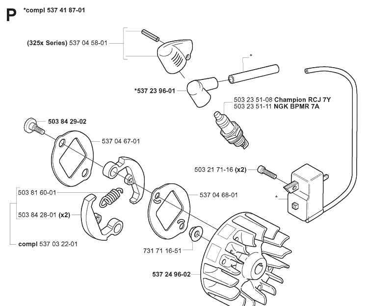 Ignition System And Clutch Diagram and Parts List for 325CX 20051800001-20051800000 Husqvarna Edger