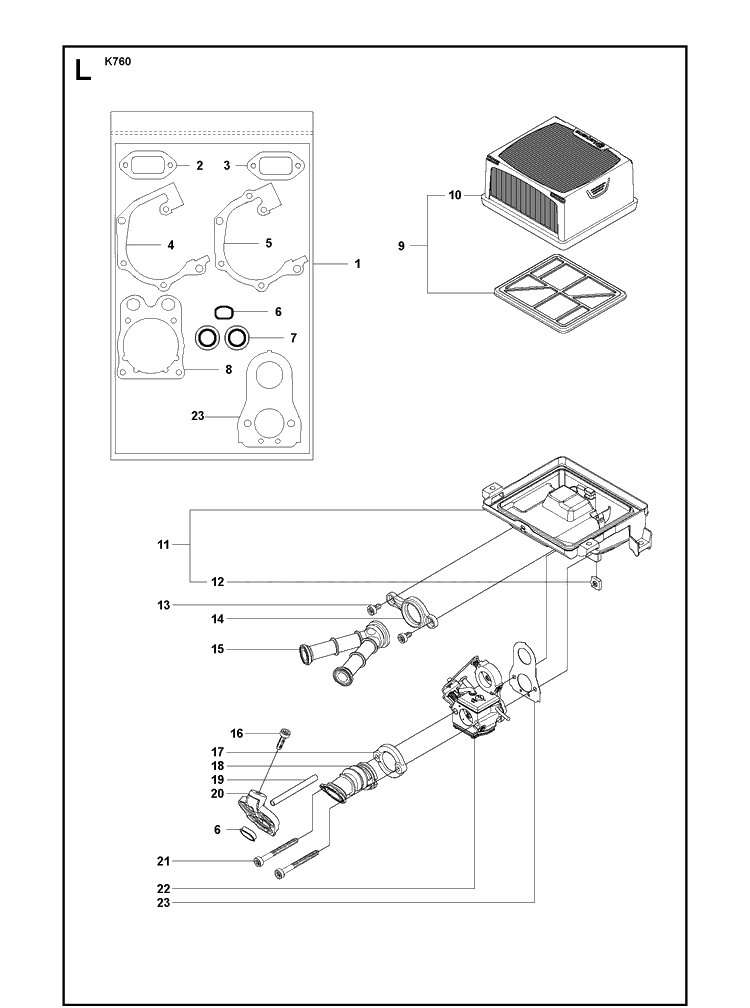 Air Filter Diagram and Parts List for K760 2011-08 Husqvarna Lawn Tractor Accessories