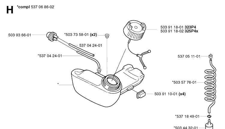 Fuel Tank Diagram and Parts List for 323P 20020100001-20021800000 Husqvarna Pole Saw