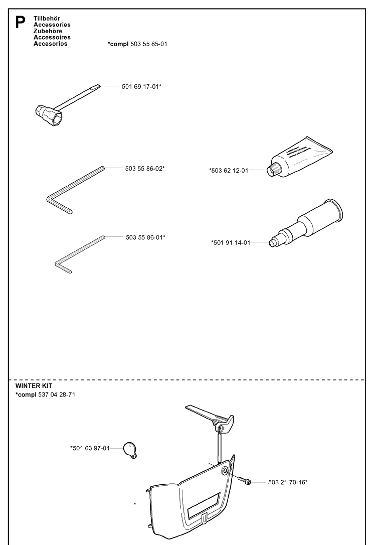Accessories Diagram and Parts List for 346XP 20012200001-20032200000 Husqvarna Chainsaw