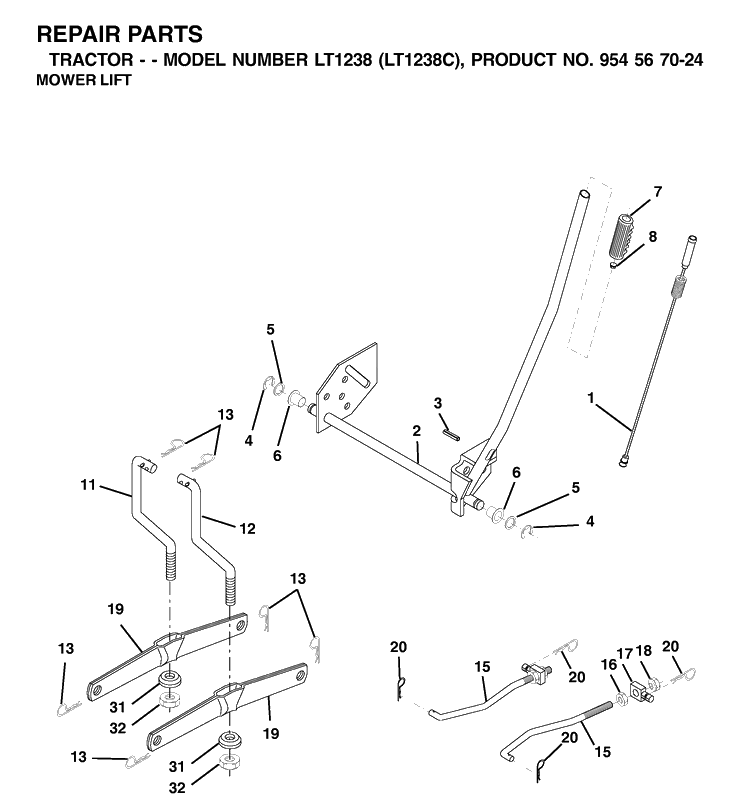 Mower Lift / Deck Lift Diagram and Parts List for LT1238-LT1238C 2001-10 Husqvarna Lawn Tractor