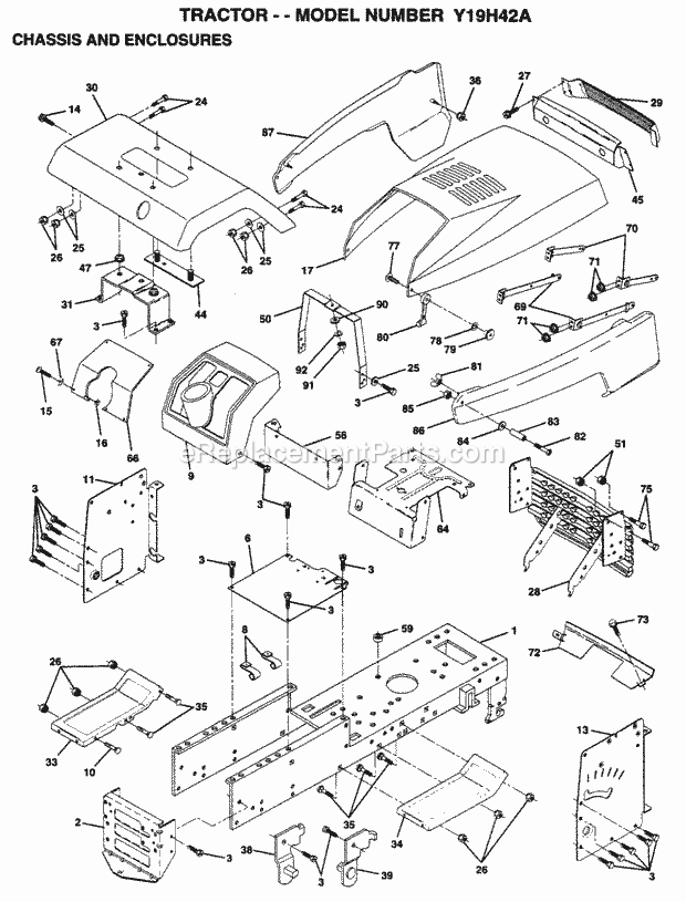 Chassis And Enclosures Diagram and Parts List for Y19H42A 1995 Husqvarna Lawn Tractor