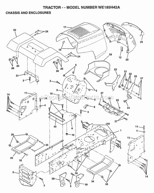 Chassis And Enclosures Diagram and Parts List for WE185H42A 1997 Husqvarna Lawn Tractor