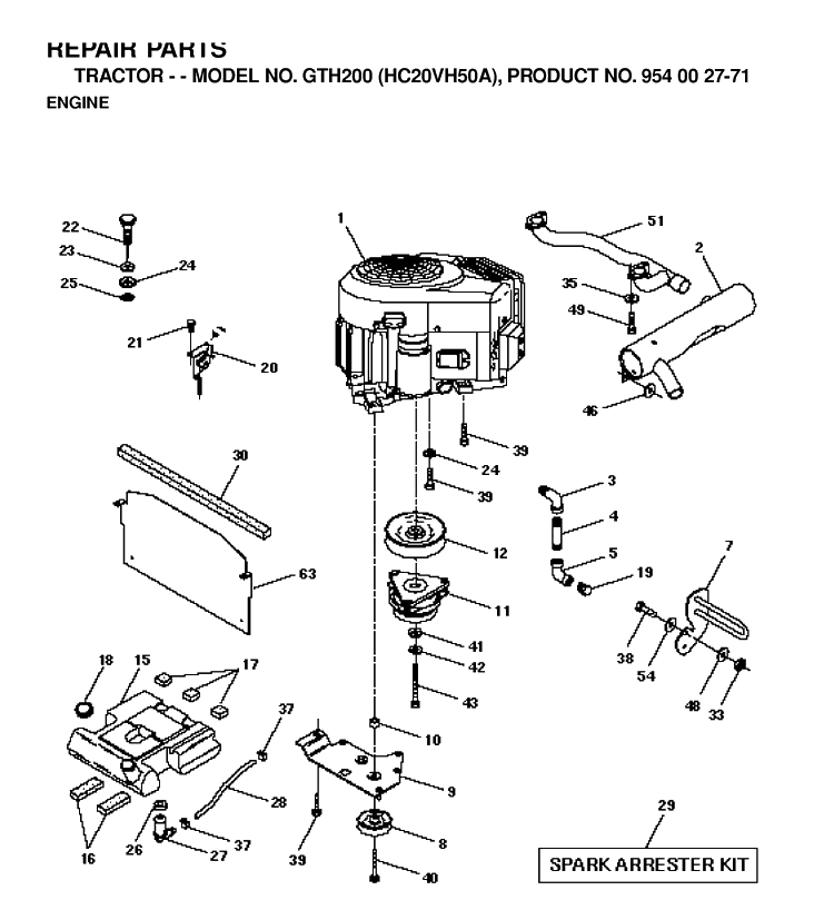 Engine Diagram and Parts List for GTH200 (HC20VH50A)(1996-04) Husqvarna Lawn Tractor