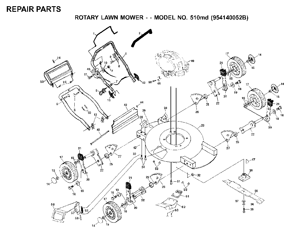 Product Complete Diagram and Parts List for 510MD (954140052B)(1999-04) Husqvarna Lawn Mower