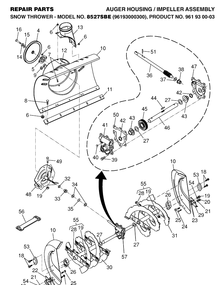 Auger Housing And Impeller Diagram and Parts List for 8527SBE (927SBE)(2006-05) Husqvarna Snow Blower