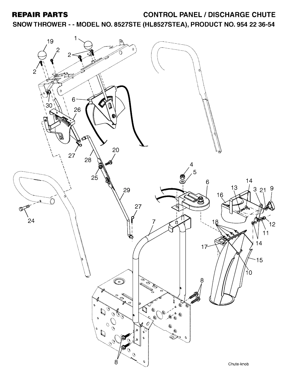 Control Panel And Discharge Chute Diagram and Parts List for 8527STE (954223654-A)(2004-03) Husqvarna Snow Blower