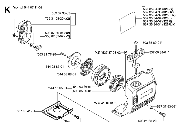 Starter 2 Diagram and Parts List for 323R 20070100001-20144900000 Husqvarna Brush Cutter