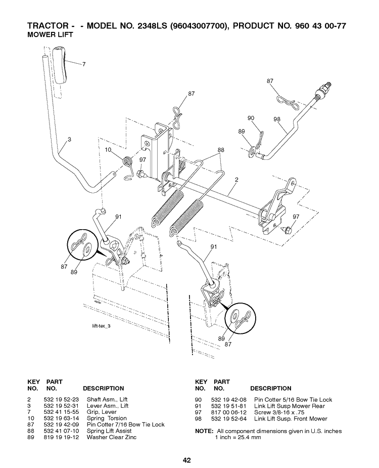 Mower Lift / Deck Lift Diagram and Parts List for 2348LS (96043007700)(2008-11) Husqvarna Lawn Tractor