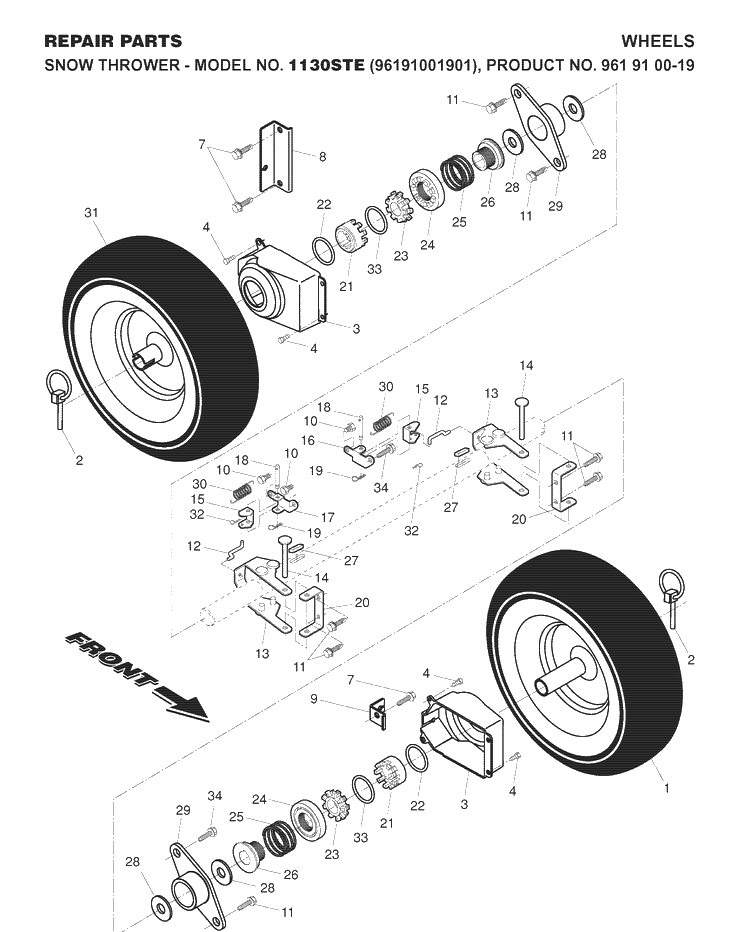 Wheels And Tires Diagram and Parts List for 1130STE (96191001901)(2007-10) Husqvarna Snow Blower