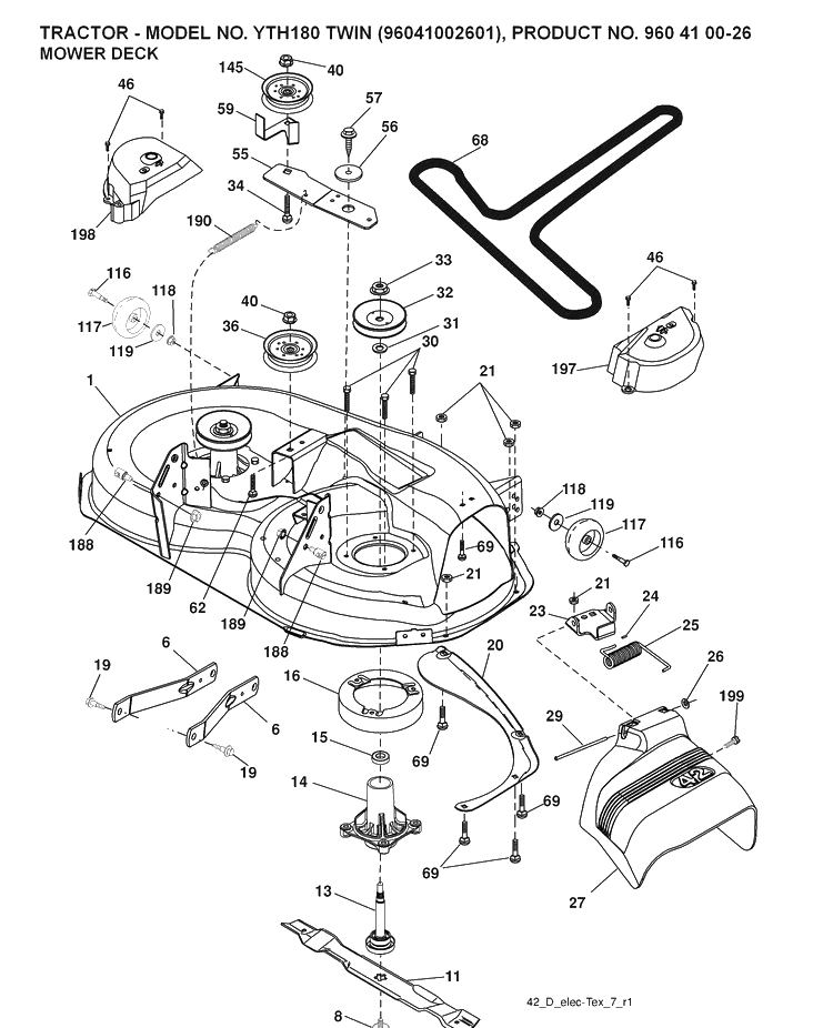 Mower Deck / Cutting Deck Diagram and Parts List for YTH180 (96041002601)(2007-09) Husqvarna Lawn Tractor