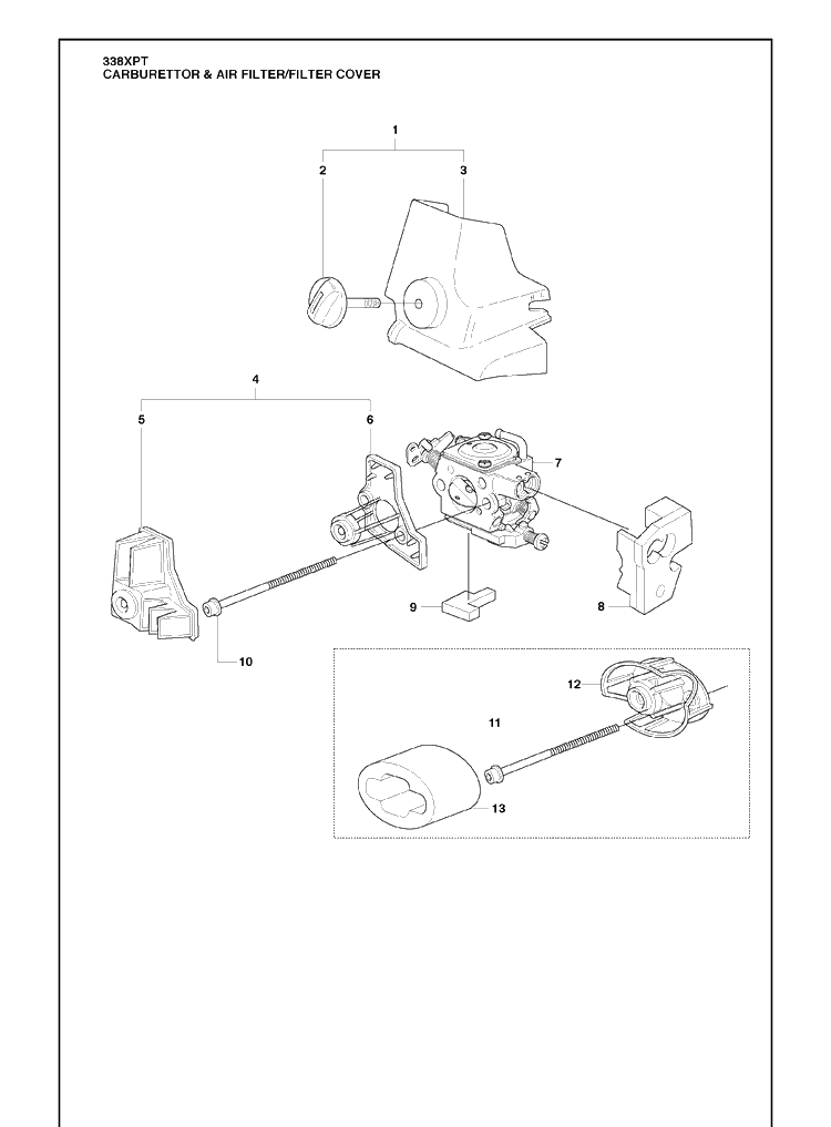 Carburettor And Air Filter/Filter Cover Diagram and Parts List for 338XPT 2010-02 Husqvarna Chainsaw