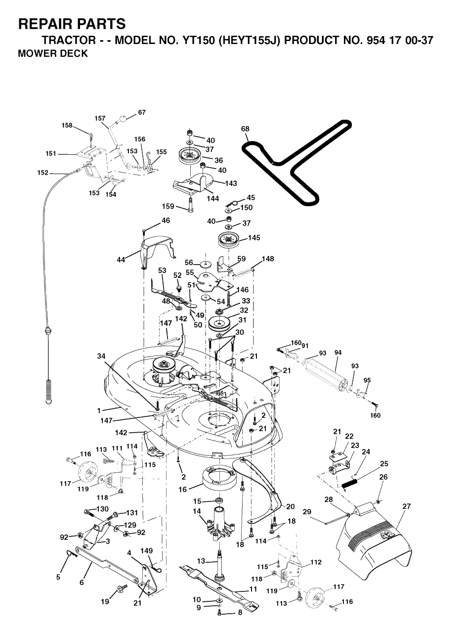 Mower Deck / Cutting Deck Diagram and Parts List for YT150 (954170037-J)(2001-09) Husqvarna Lawn Tractor