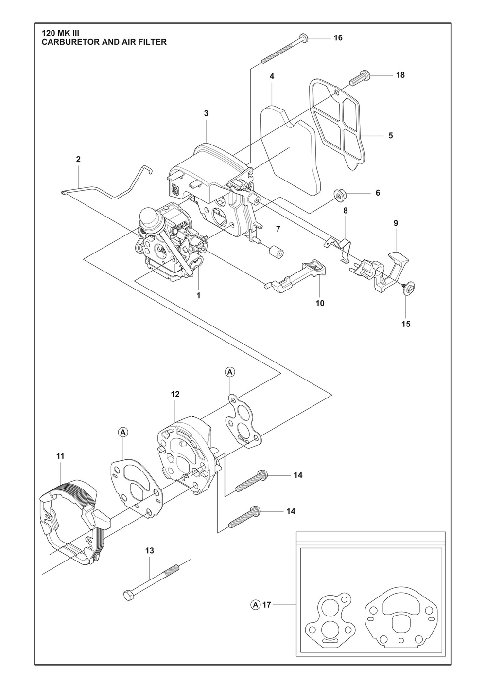 Carburetor And Air Filter Diagram and Parts List for 120MARKIII  Husqvarna Chainsaw