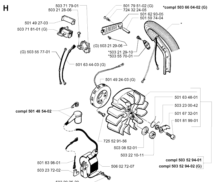 Electrical Diagram and Parts List for 254 19980900001-19992300000 Husqvarna Chainsaw