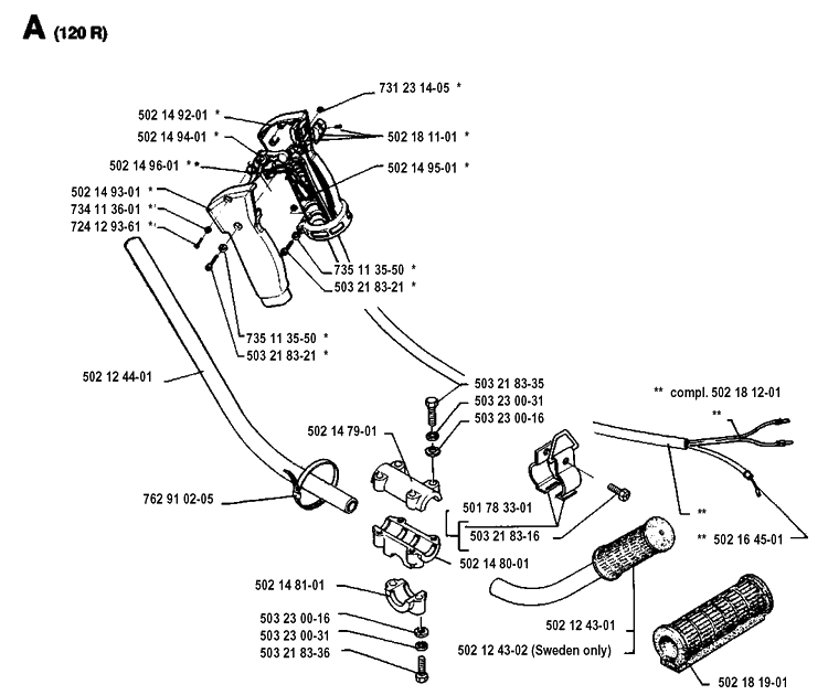 Handle And Controls 2 Diagram and Parts List for 120R  Husqvarna Brush Cutter