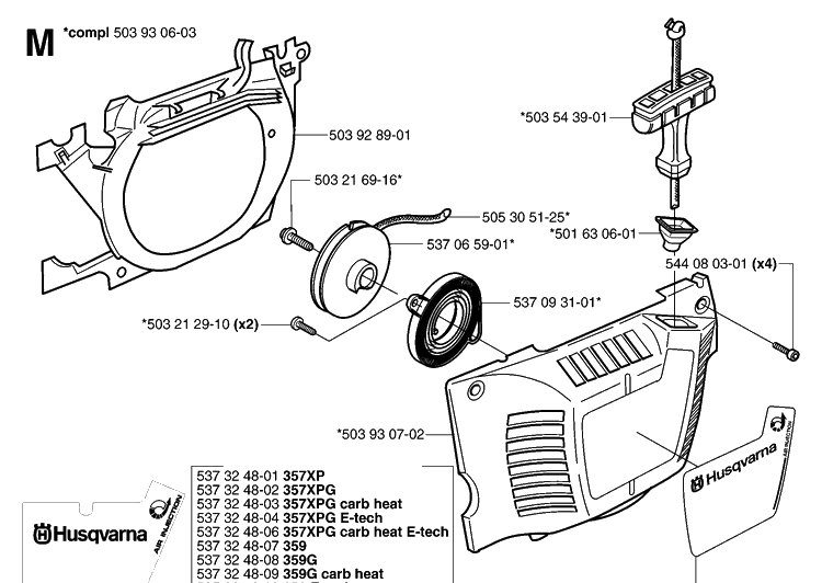 Starter 2 Diagram and Parts List for 359 20060600001-20070900000 Husqvarna Chainsaw