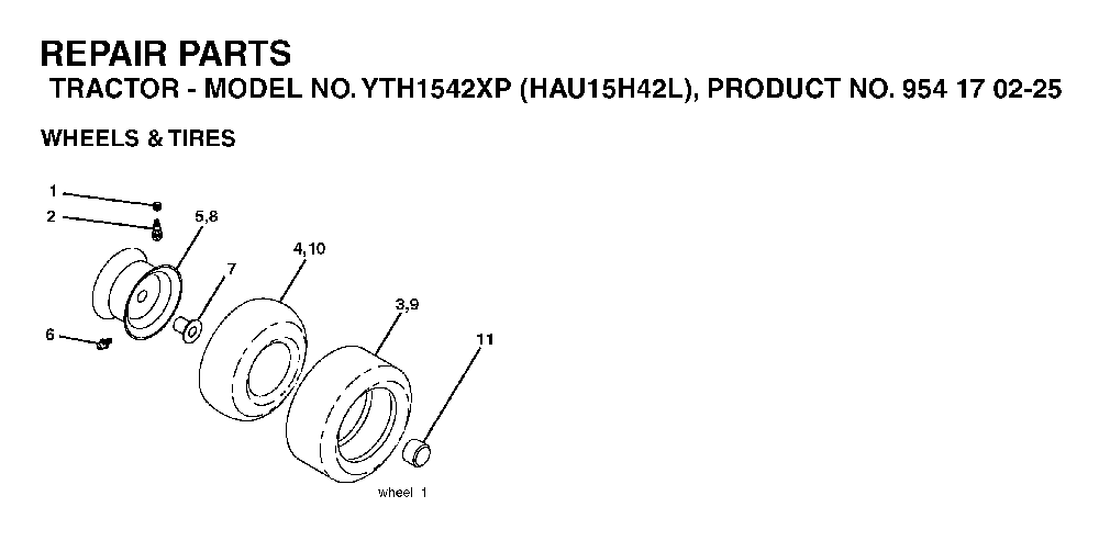 Wheels And Tires Diagram and Parts List for YTH1542XP (HAU15H42L, 954170225)(2005-05) Husqvarna Lawn Tractor