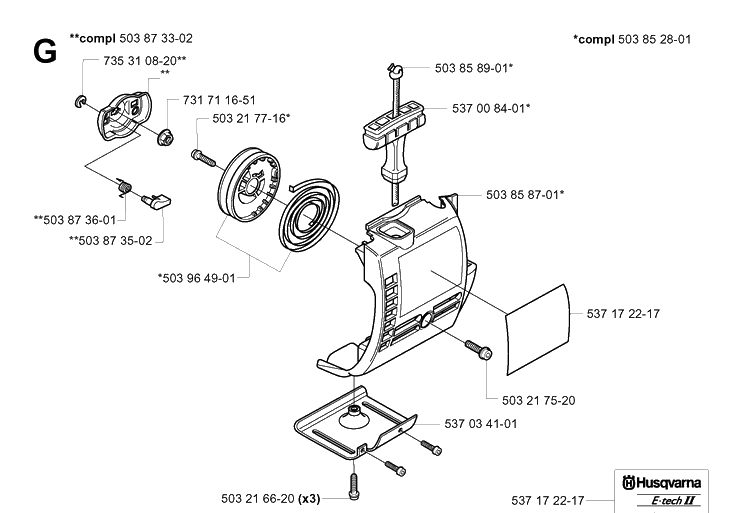 Starter Diagram and Parts List for 326P 20013500001-20021799999 Husqvarna Pole Saw