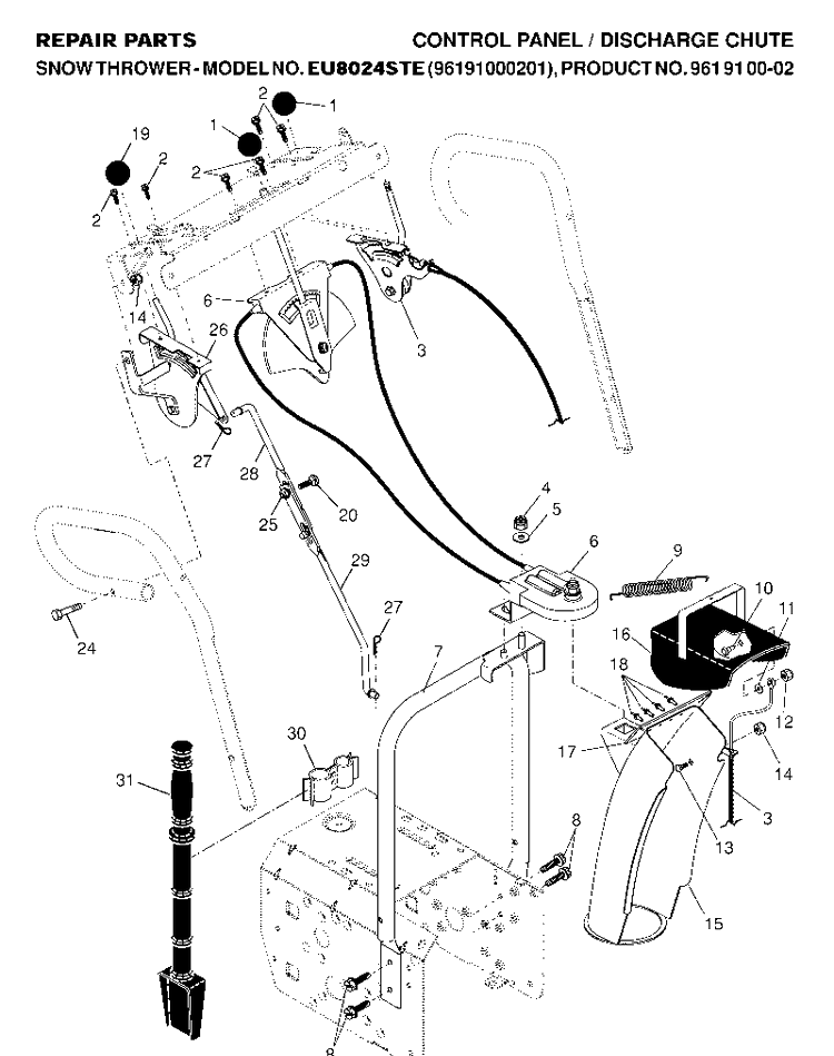 Control Panel And Discharge Chute Diagram and Parts List for 8024STE (EU8024STE)(2007-01) Husqvarna Snow Blower