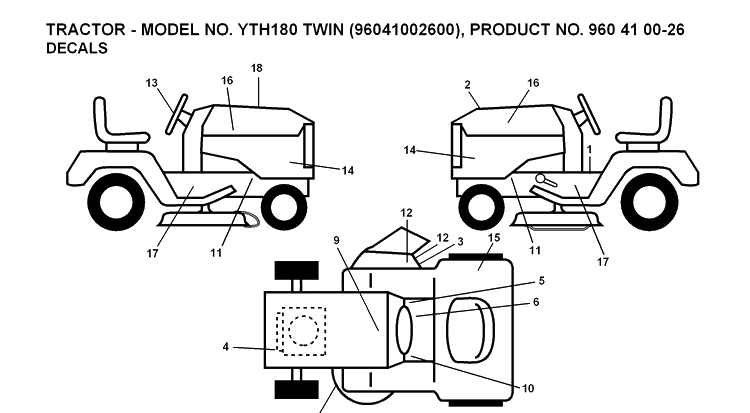 Decals Diagram and Parts List for YTH180 (96041002600)(2007-02) Husqvarna Lawn Tractor