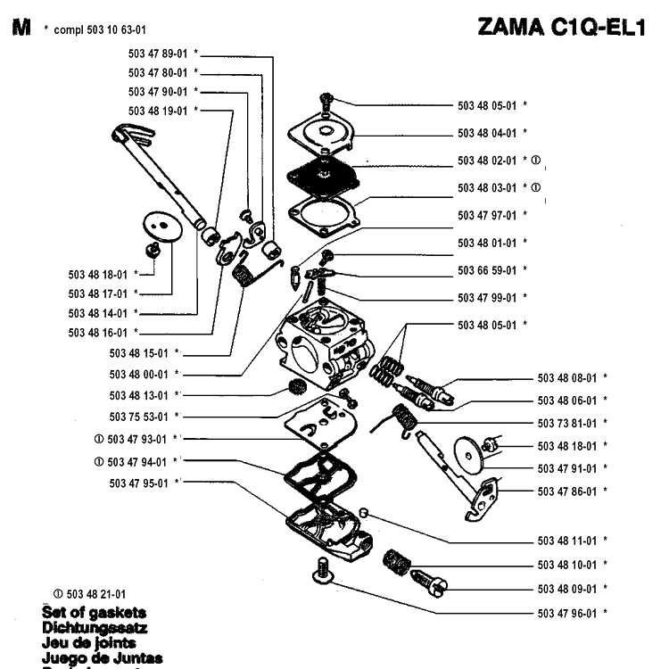 Carburetor Details Diagram and Parts List for 45 19952300001-19981800000 Husqvarna Chainsaw
