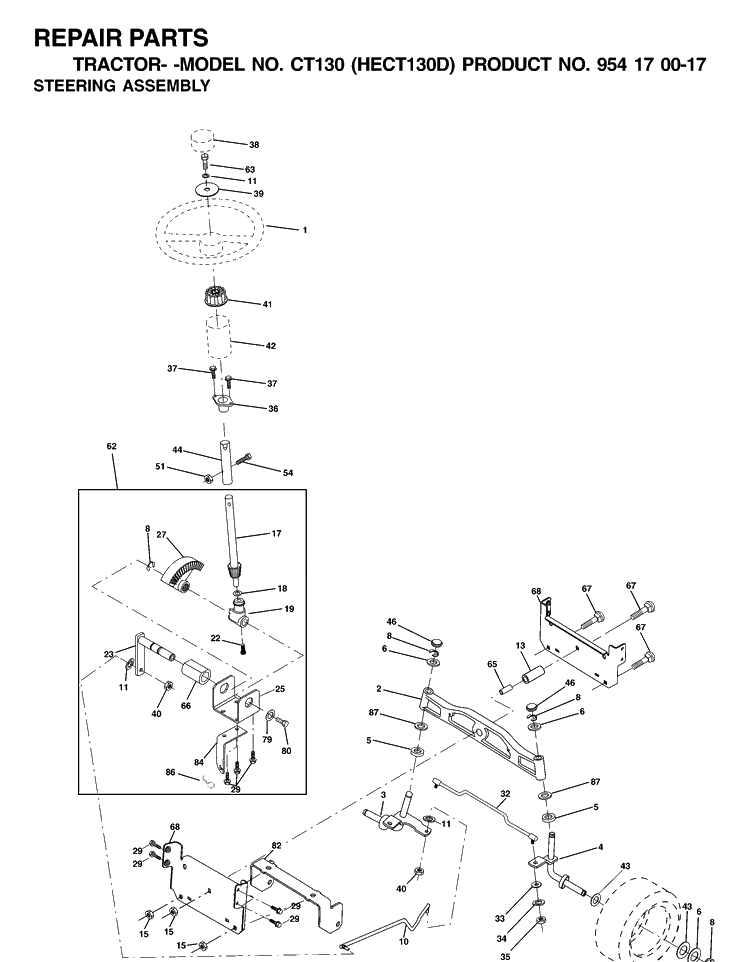 Steering Diagram and Parts List for CT130 (HECT130D)(2001-01) Husqvarna Lawn Tractor