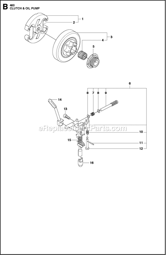 Clutch And Oil Pump Diagram and Parts List for 460RANCHER  Husqvarna Chainsaw